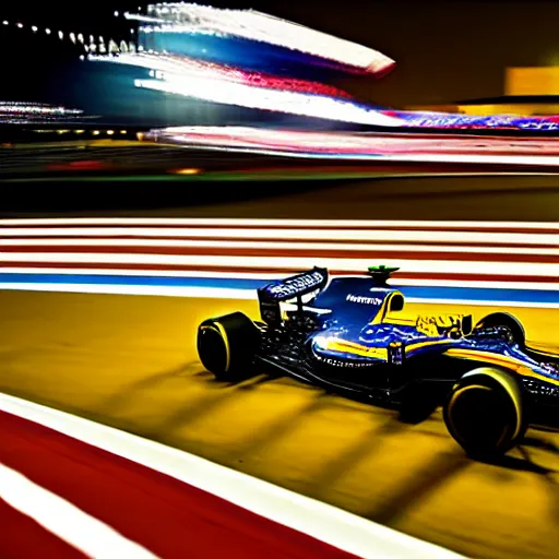 Image similar to formula 1 racing long exposure under night lights huge crowds hyperrealistic award - winning photography nikon