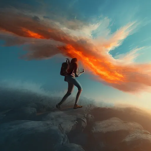 Image similar to running and falling on burning clouds, 4k, post-processing, detailed, artstation