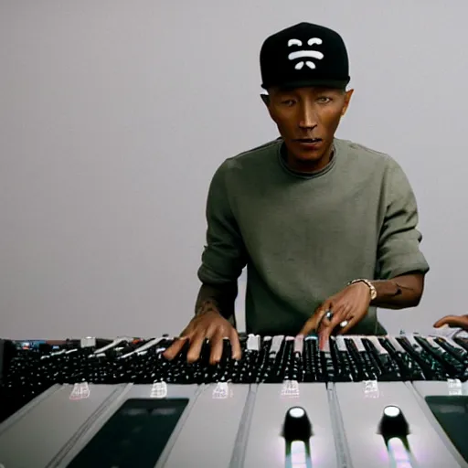 Image similar to cinematic film still of Pharrell Williams Making A Beat with an anthropomorphic alien, Japanese VFX, 2018, 400mm lens, f1.8, shallow depth of field,film photography