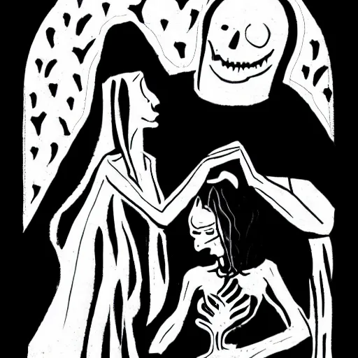 Image similar to “ sandman and his sister death in a ghotic chatedral ”