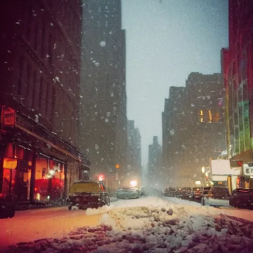 Image similar to disposable camera photo of a new york city street during a snow storm, aesthetically pleasing