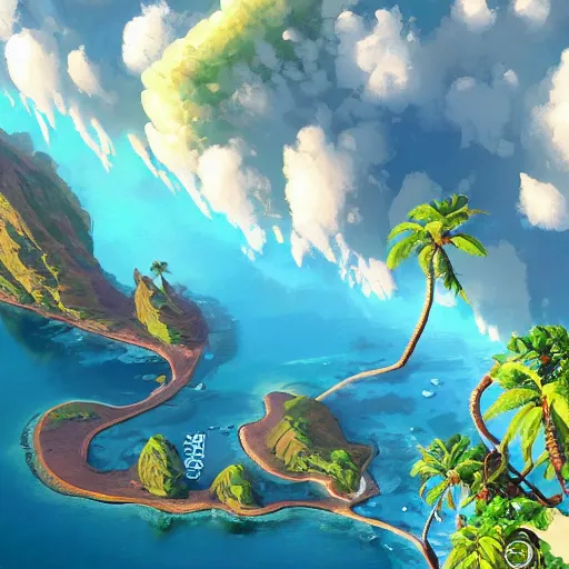 Image similar to a painting a breathtaking aerial view of Hawaiian islands, surrounded by palm trees, clouds, flowers, volcano, azure ocean, sunlight glistening, glow, , a detailed matte painting by sylvain sarrailh, Stephan Martinière, by RHADS, Makoto Shinkai, bokeh, Artstation contest winner, fantasy art, concept art, #vfxfriday