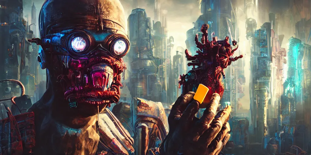 Prompt: a cyberpunk chtulhu creature enjoying a popsicle, closeup, fallout 5, studio lighting, deep colors, apocalyptic setting, vertically mirrored city in background