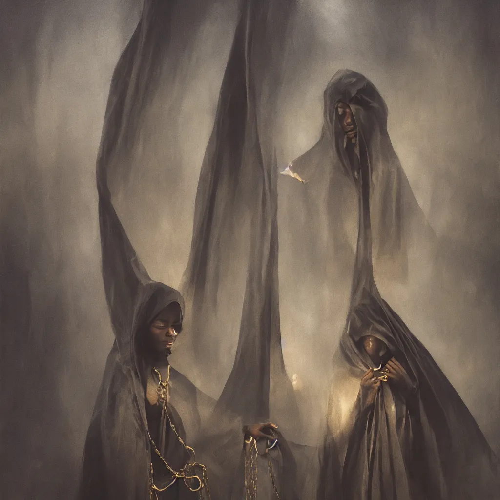 Image similar to a portrait of a young black woman wearing a long dark cloak, hood and shadows covering face, holding golden chains, oil painting, matte painting, black background, Volumetric Golden dappled dynamic lighting, Highly Detailed, Cinematic Lighting, Unreal Engine, 8k, HD, by Beksinski