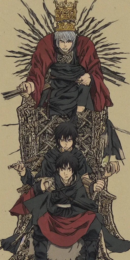 Image similar to a king on a throne drawn by Makoto Yukimura in the style of Vinland saga anime, full color