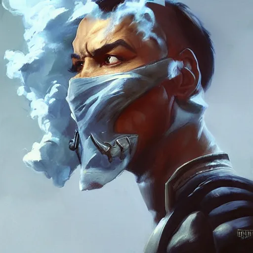 Image similar to greg manchess portrait painting of smoke from mortal kombat as overwatch character, medium shot, asymmetrical, profile picture, organic painting, sunny day, matte painting, bold shapes, hard edges, street art, trending on artstation, by huang guangjian and gil elvgren and sachin teng