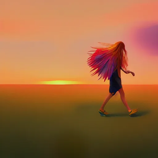 Image similar to closeup giant dahlia flower under head, girl walking between dunes, surreal photography, sunrise, blue sky, dramatic light, impressionist painting, digital painting, artstation, simon stalenhag