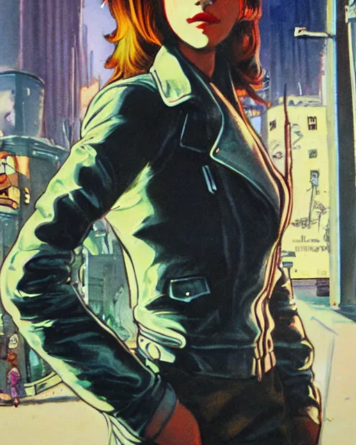 Image similar to young female protagonist in leather jacket, city street, artwork by ralph bakshi