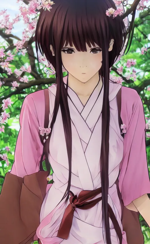 Image similar to anime style, gta 5, a girl, yukata clothing, sakura tree in background, brown short hair, hair down, symmetrical facial features, from arknights, hyper realistic, rule of thirds, extreme detail, 4 k drawing, safebooru, realistic lighting, by alphonse mucha, greg rutkowski, sharp focus, backlit