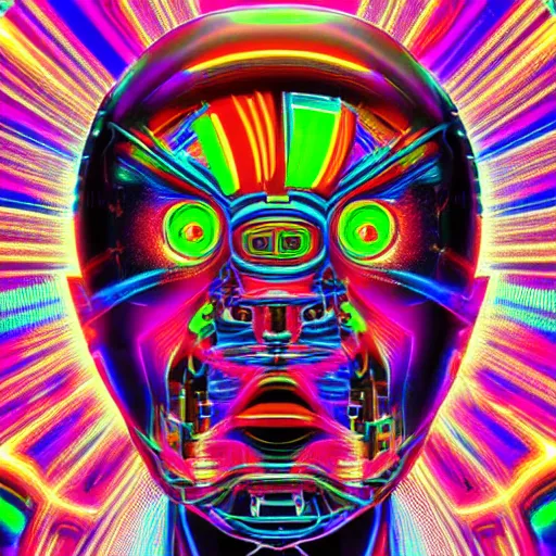 Image similar to hyperdetailed portrait of a futuristic trippy smiling robot head, 8 k, symetrical, flourescent colors, halluzinogenic, multicolored tshirt art, hajime sorayma, black background