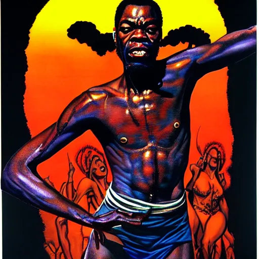 Prompt: fela kuti by clyde caldwell, very detailed, low contrast dramatic colors, 4 k