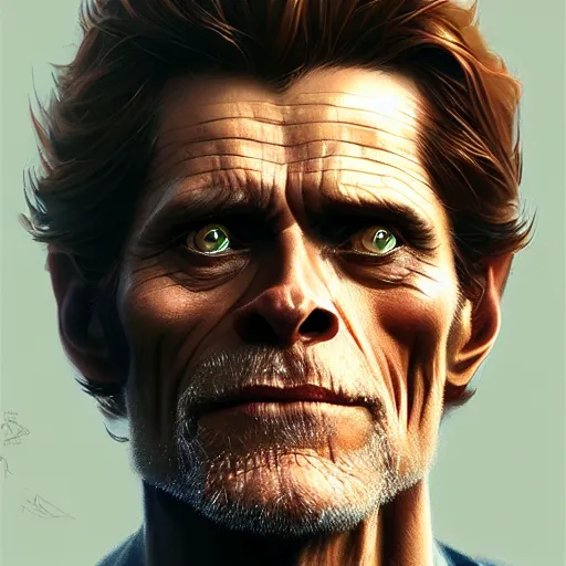 Image similar to Willem Dafoe, closeup, D&D, fantasy, intricate, elegant, highly detailed, digital painting, artstation, concept art, matte, sharp focus, illustration, hearthstone, art by Artgerm and Greg Rutkowski and Alphonse Mucha