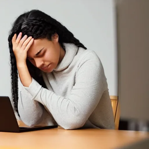 Prompt: photo of a beautiful young woman struggling to buy an apple laptop online, eyes closed, frustrated,