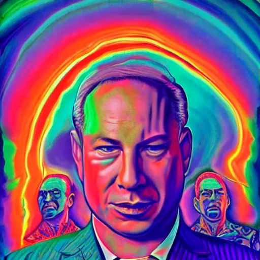 Prompt: a psychadelic portrait of binyamin netanyahu by alex grey, high deatil, cinestill poster