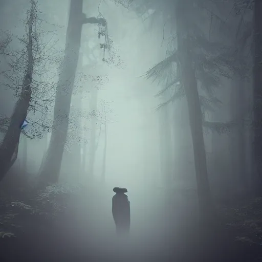 Prompt: spectres in the enchanted forest covered by foggy clouds of mist, twilight, dreamy sequence, macabre spectacle, skeletal figures, curious, lone traveller, octane, unreal 5, cinematic, vfx, uhd, intricate detail, hyperrealist, sharp, photoshop, polished, edited