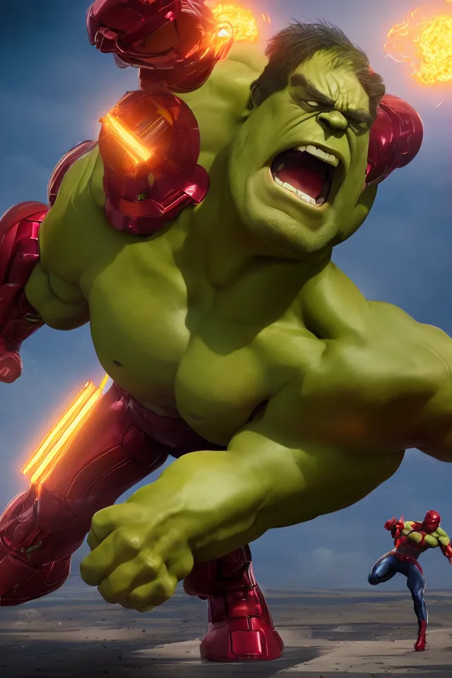 Image similar to The Hulk Buster Battles The X-Men, Action Shot, 8K, octane render, HDR, volumetric lighting, Anime Style