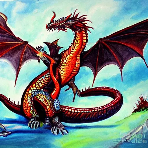 Prompt: beautiful painting kf a dragon guarding a cave