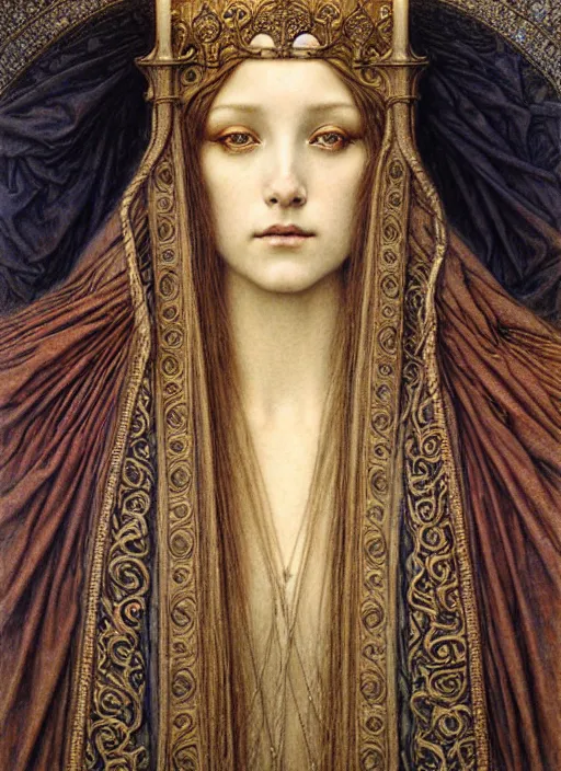 Image similar to detailed realistic beautiful young medieval queen face portrait by jean delville, gustave dore and marco mazzoni, art nouveau, symbolist, visionary, gothic, pre - raphaelite. horizontal symmetry