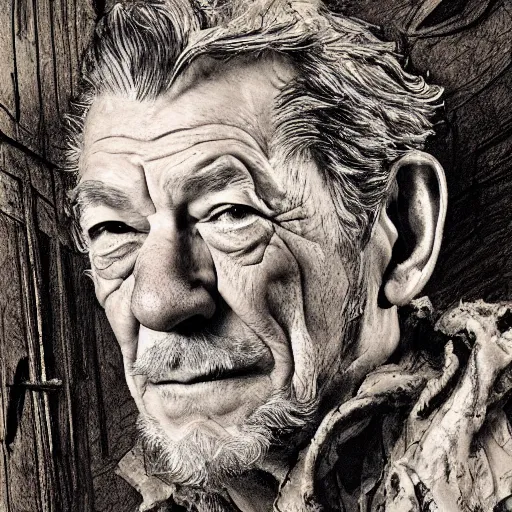 Image similar to a realistic yet scraggly portrait photo of the side profile of a stern and sophisticated ian mckellen as a pirate captain, octane render, intricate details, in the style of frank auerbach, in the style of sergio aragones, in the style of martin ansin, in the style of david aja, in the style of mattias adolfsson