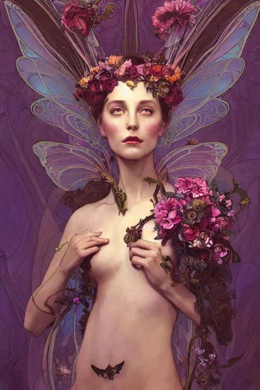 Image similar to full length portrait of a beautiful mysterious fairy with flowery headgear, no hands, by eve ventrue, michael carson, andreas rochas, john watkiss, casey weldon, artgerm. art nouveau. tarot card by mucha. gloomhaven. swirly intricate linework background. gaudy colors, sharp edges. octane render