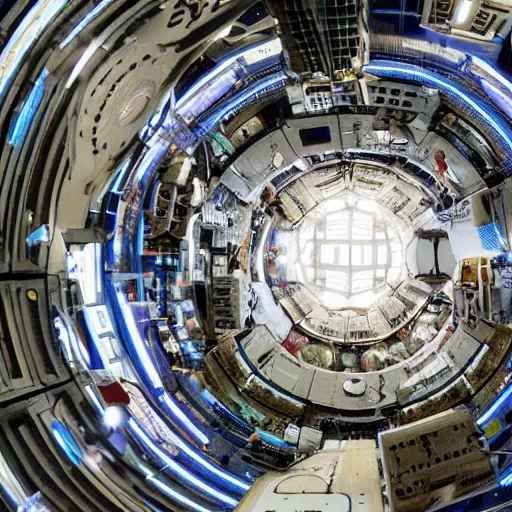 Image similar to on the inside of a gigantic o'neill cylinder, space station with city inside, forest, wide angle, panoramic,