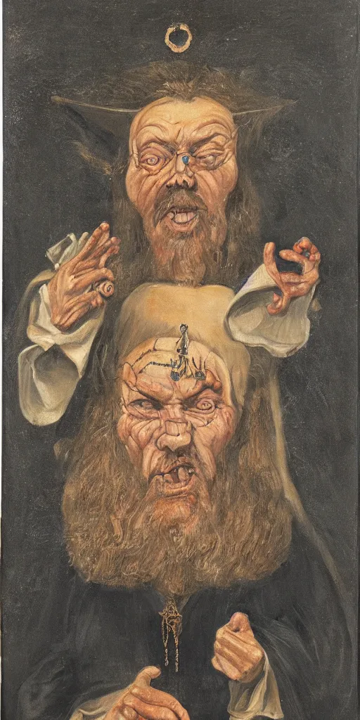 Image similar to portrait painting of a wizard with a disfigured face, wearing occult robes and ornate jewelry