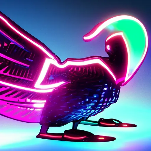 Prompt: a cybertronic duck, glowing beak, metallic, glowing, neon wings, unreal engine