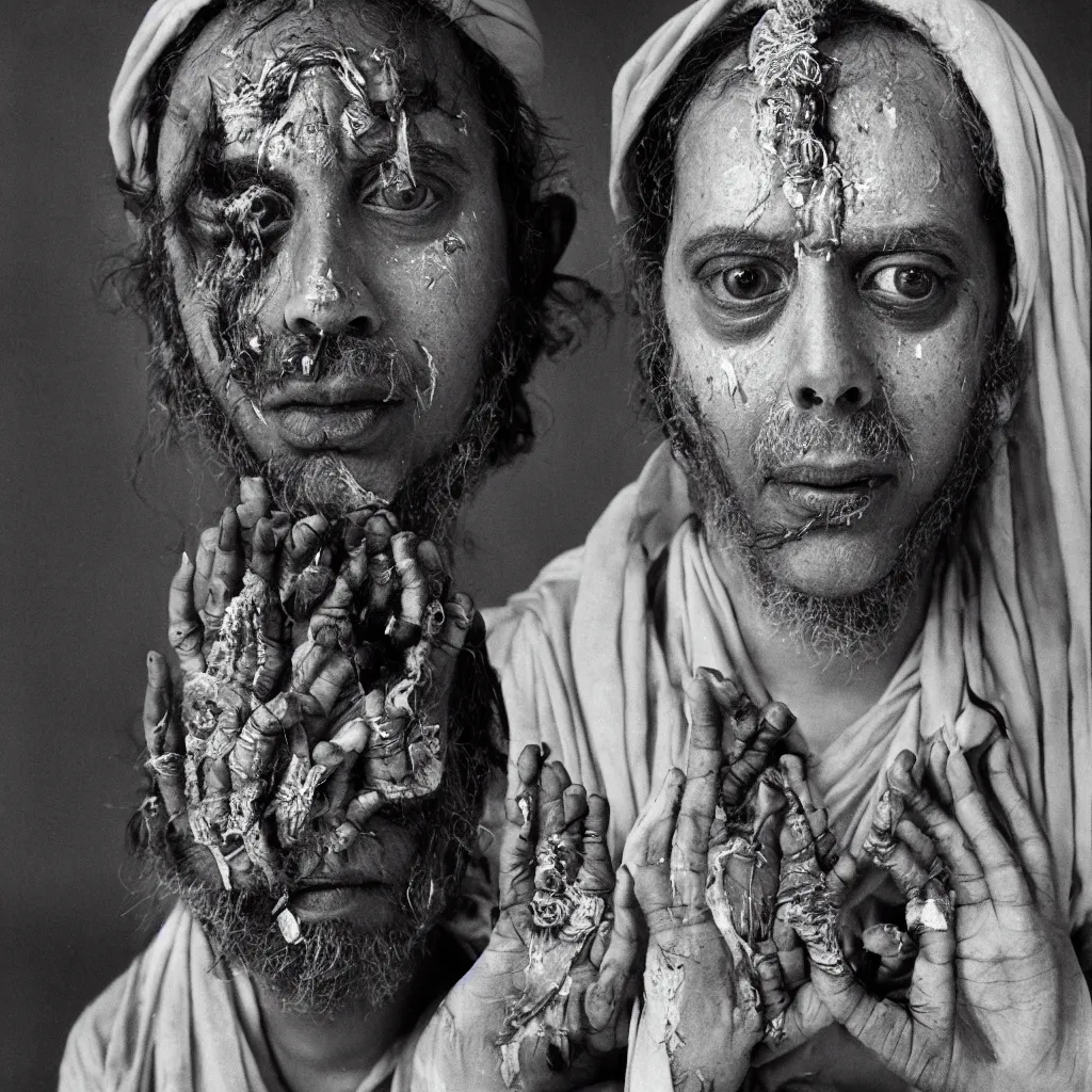 Image similar to award winning photo of a todd solondz as guru becoming god in india, sad and happy, crying and smiling franticly, vivid colors, happy, symmetrical face, beautiful eyes, studio lighting, wide shot art by sally mann & arnold newman