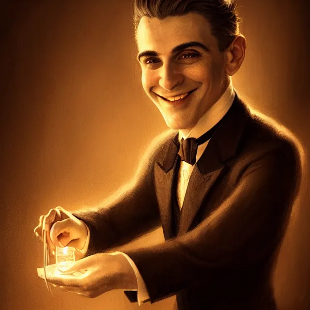 Image similar to portrait of a 1 9 2 5 magician, clean shaven, smiling, atmospheric lighting, intricate, ultra detailed, well composed, best on artstation, cgsociety, epic, stunning, gorgeous, intricate detail, wow, masterpiece