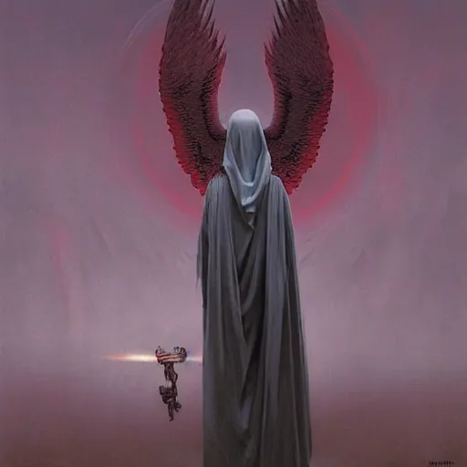 Image similar to the angel of death in white robes, digital art, highly detailed, by gerard brom and zdzisław beksinski