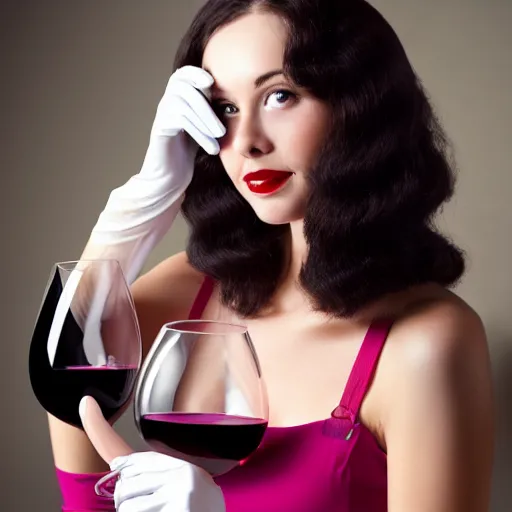 Prompt: CHARMING lady with beautiful face in ora latex gloves holding a wonderful glass of wine