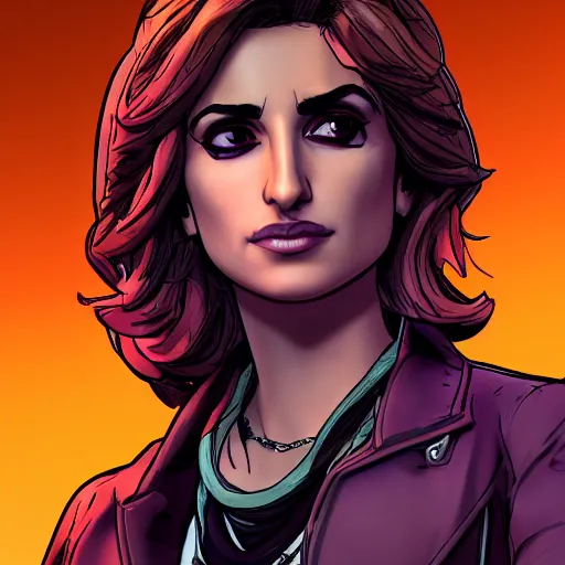 Image similar to penelope cruz portrait, borderlands, tales from the borderlands, the wolf among us, comic, cinematic lighting, studio quality, 8 k