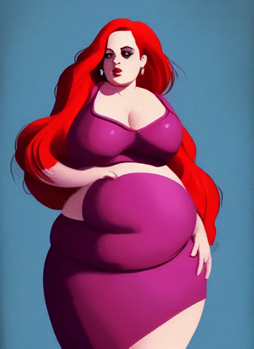 Image similar to full body portrait of teenage cheryl blossom, obese, bangs, sultry, realistic, red hair, sultry smirk, wavy hair, pink skirt, fat, belly, intricate, elegant, glowing lights, highly detailed, digital painting, artstation, concept art, smooth, sharp focus, illustration, art by wlop, mars ravelo and greg rutkowski