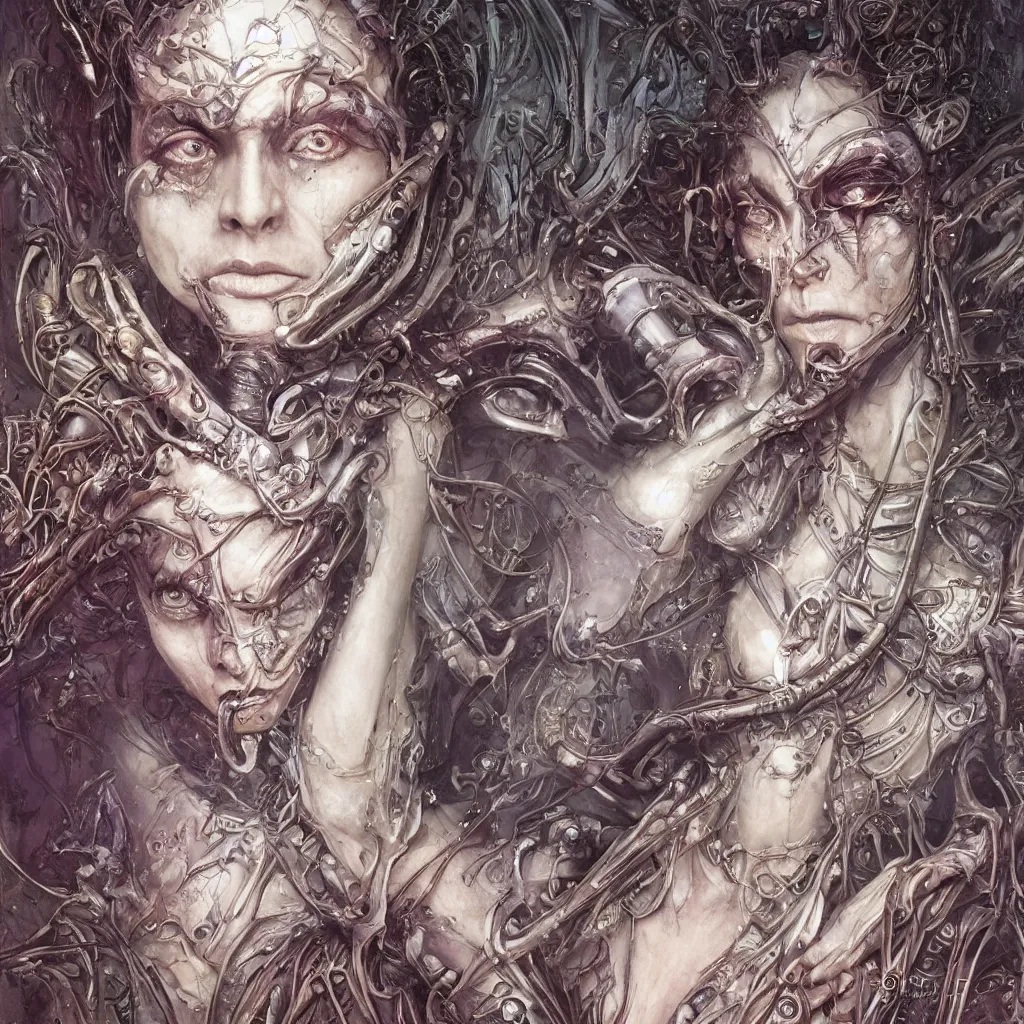 Image similar to beautiful and exotic alien queen bust portrait, glowering judging eyes, art nouveau declotage, perfect symmetrical facial features, hyperrrealistic bone structure, extremely hyperdetailed, mixed media painting, unreal engine, 8 k, octane, 8 mm, by travis charest, rodney matthews and chris achilleos