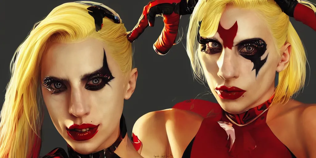 Prompt: lady gaga play harley quinn, beautiful, golden hour, sharp focus, ultra detailed, cgsociety