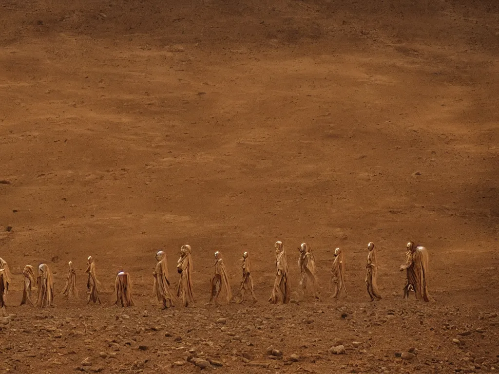 Image similar to the line of bene gesserit people in full - face golden glowing masks in a dry rocky desert landscape, alien spaceship in the sky, ancient abandoned city beneath the sand, by christopher doyle and alejandro jodorowsky, anamorphic lens, kodakchrome, cinematic composition, very detailed photo, 8 k,