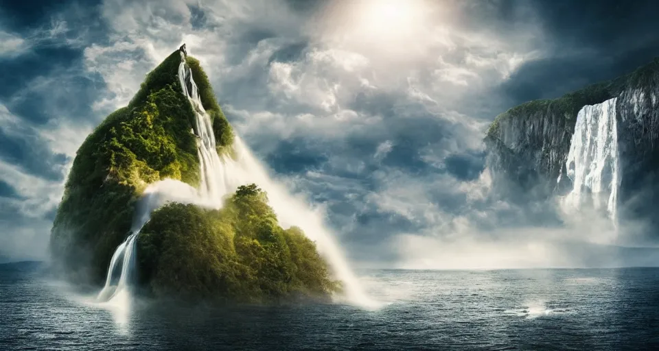 Image similar to A magnificent floating island in the sky above the sea, waterfall falling down, epic lighting, epic composition, cinematic, highly detailed, 4k