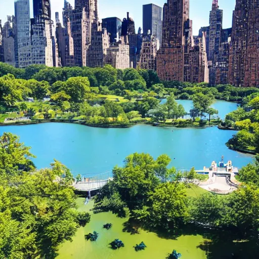 Image similar to photo of a large water park inside of central park. the new york city skyline is shown in the background.