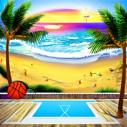 Prompt: basketball beach tropics landscape ocean sunshine