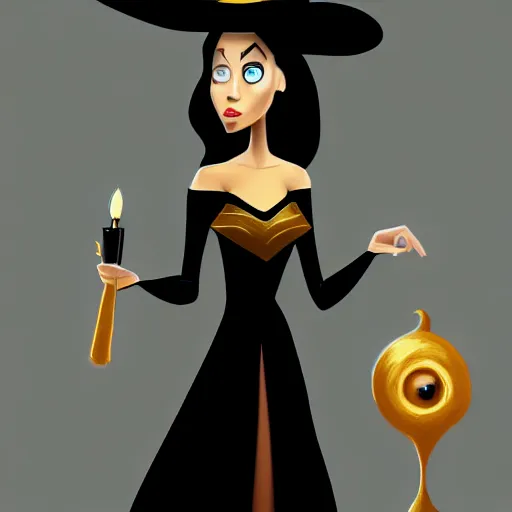 Image similar to portrait of a beautiful female witch in black and golden dress , digital painting , digital art , pixar style , Disney , instagram , trending on artstation