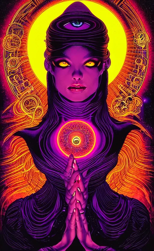 Prompt: Portrait of beautiful woman channeling third eye energy, surrounded by a background of dark cyber mystic alchemical transmutation heavenless realm, cover artwork by philippe caza, midnight hour, part by francis bacon, part by jeffrey smith, part by josan gonzales, part by dan mumford, part by norman rockwell, part by phil hale, part by kim dorland, rich deep color scheme, artstation, matte gouache illustration, highly detailed,