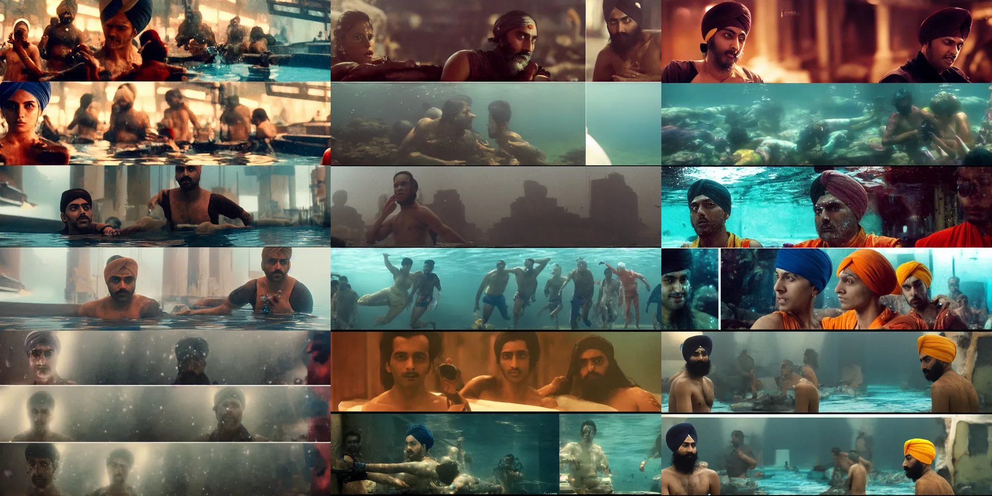 Prompt: Kodak portra 160, 4K, split screen: famous indian sikh in low budget blade runner movie remake, underwater scene