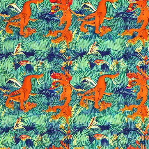 Prompt: a colourful detailed symmetric pattern with dinosaurs and palm trees by William Morris