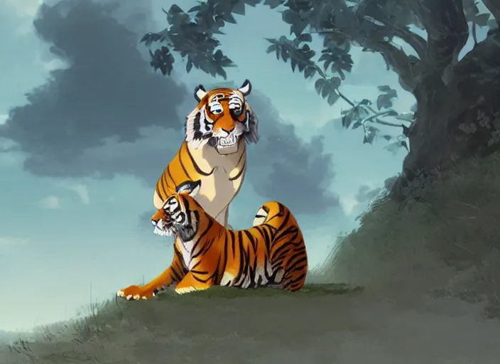 Image similar to a key shot of Tiger looking at bunny animation at mid-day, medium shot, waist up, studio Ghibli, Pixar and Disney animation, sharp, key art by Greg Rutkowski, dramatic lighting, flat texture