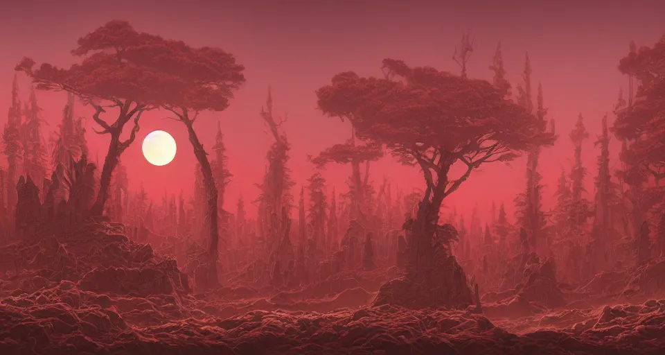 Image similar to An intricate hyperrealistic matte painting the blood moon, by Dan Mumford and Mœbius and Amir Zand, unreal engine, circular, spherical, trending on artstation, tree, detailed, red