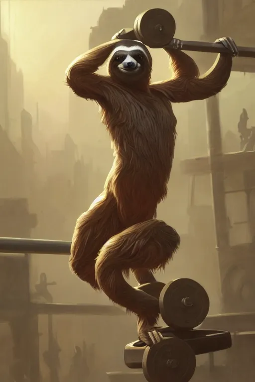 Prompt: anthro sloth lifting weights, dim dingy gym, dynamic pose, fantasy, intricate, elegant, highly detailed, digital painting, artstation, concept art, matte, sharp focus, illustration, art by artgerm and greg rutkowski and alphonse mucha