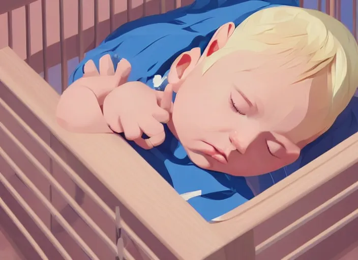 Image similar to a newborn baby with blonde hair sleeping in a crib. clean cel shaded vector art. shutterstock. behance hd by lois van baarle, artgerm, helen huang, by makoto shinkai and ilya kuvshinov, rossdraws, illustration, art by ilya kuvshinov