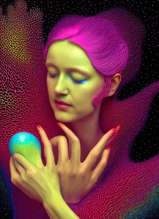 Prompt: hyper detailed 3d render like a Oil painting - Aurora (Singer) Eats of the Strangling aerochrome Fruit and Her delicate Hands hold of gossamer polyp blossoms bring iridescent fungal flowers whose spores black the foolish stars by Jacek Yerka, Mariusz Lewandowski, Houdini algorithmic generative render, Abstract brush strokes, Masterpiece, Edward Hopper and James Gilleard, Zdzislaw Beksinski, Mark Ryden, Wolfgang Lettl, hints of Yayoi Kasuma, octane render, 8k