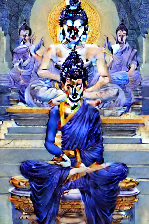 Prompt: buddhism, temple, blue clothes, painting by greg rutkowski, j. c. leyendecker, artgerm