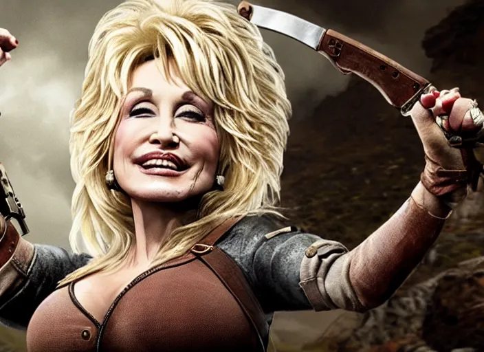 Image similar to film still of!!!! dolly parton!!! as lara croft in new tomb raider movie, 8 k